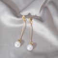 Korean OL Elegant Gold Plated Long Pearl Dangle Earrings, Versatile Office Lady Drop Jewelry Wholesale